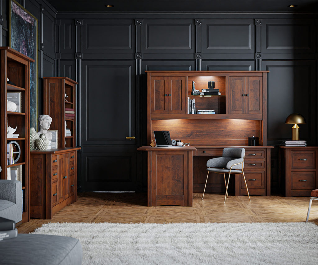A well-furnished office featuring an L desk and hutch against a black wall, a gray chair, and a bookcase to the left