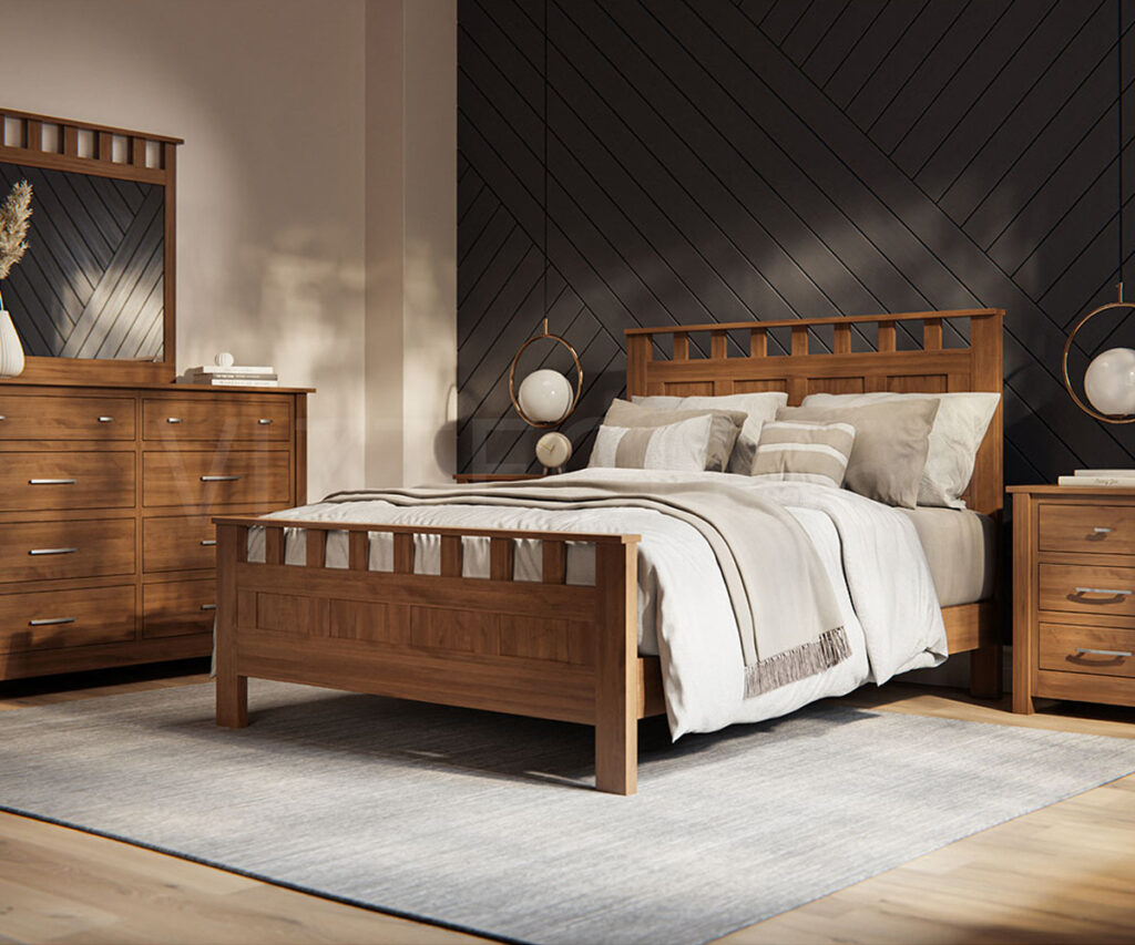 Warm wood bed with dark chevron accent wall and neutral bedding in a sunny bedroom.