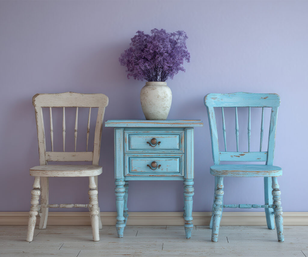 Distressed blue nightstand and chairs against lavender wall with vase of purple flowers.