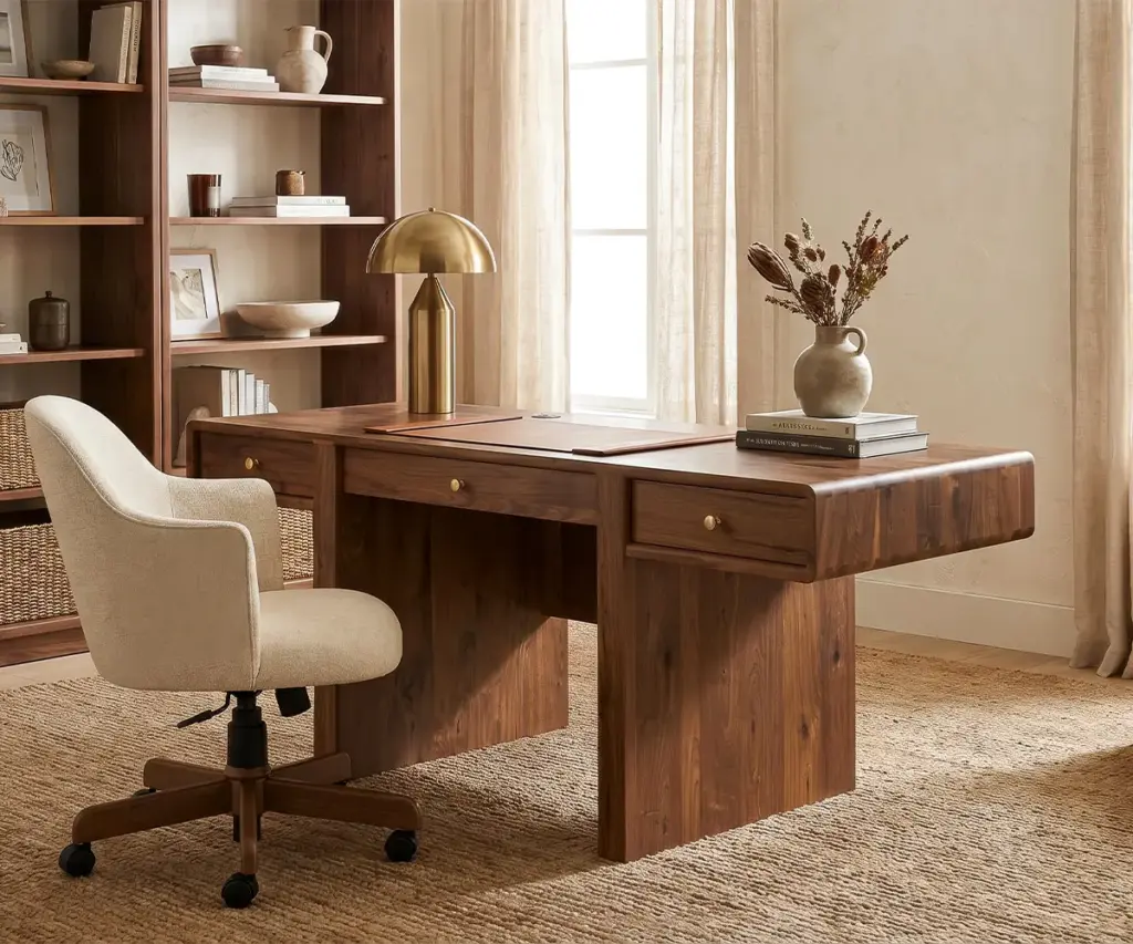 Custom furniture in Florida featuring a solid wood desk with drawers and an upholstered chair in a warm home office.