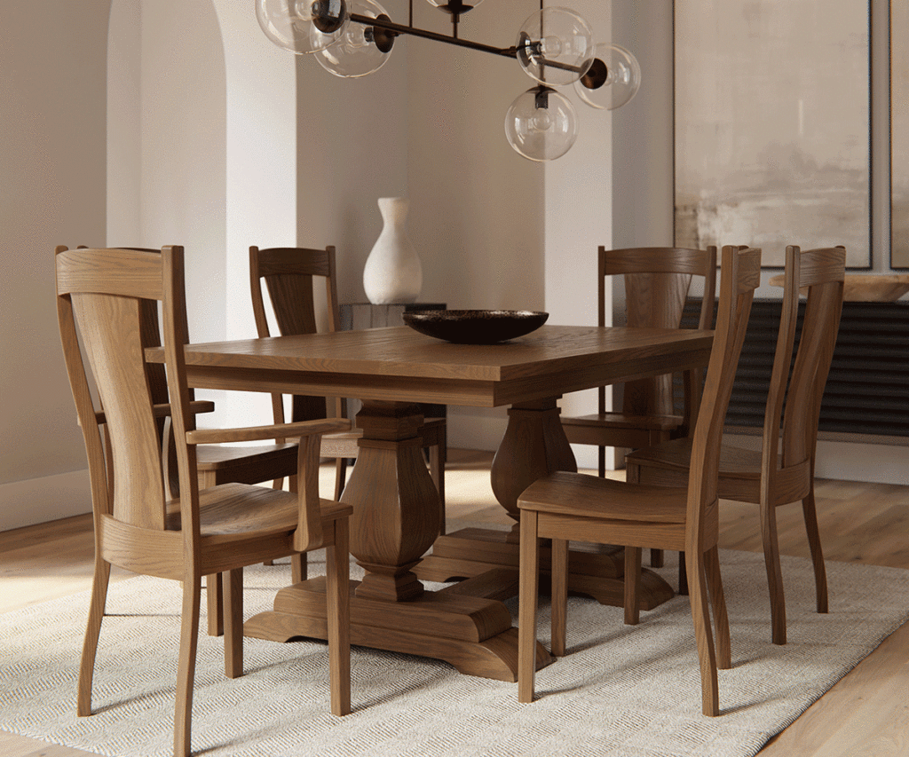 A beautifully crafted wooden dining set, featuring a solid wood table with intricate pedestal legs and six matching chairs with curved backs and armrests, set in a modern, well-lit dining space. This heirloom furniture investment showcases timeless craftsmanship, natural wood grain, and durability, perfect for elevating a home's interior with lasting quality.