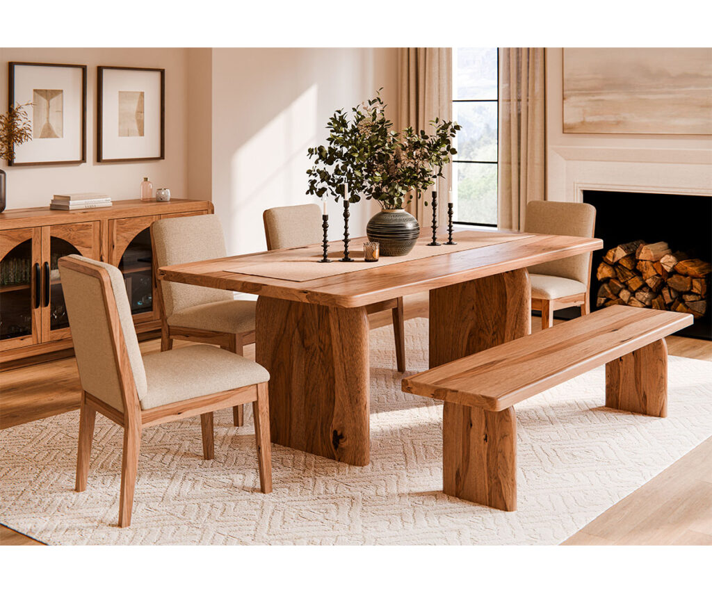 Rustic Amish family table with upholstered chairs and bench