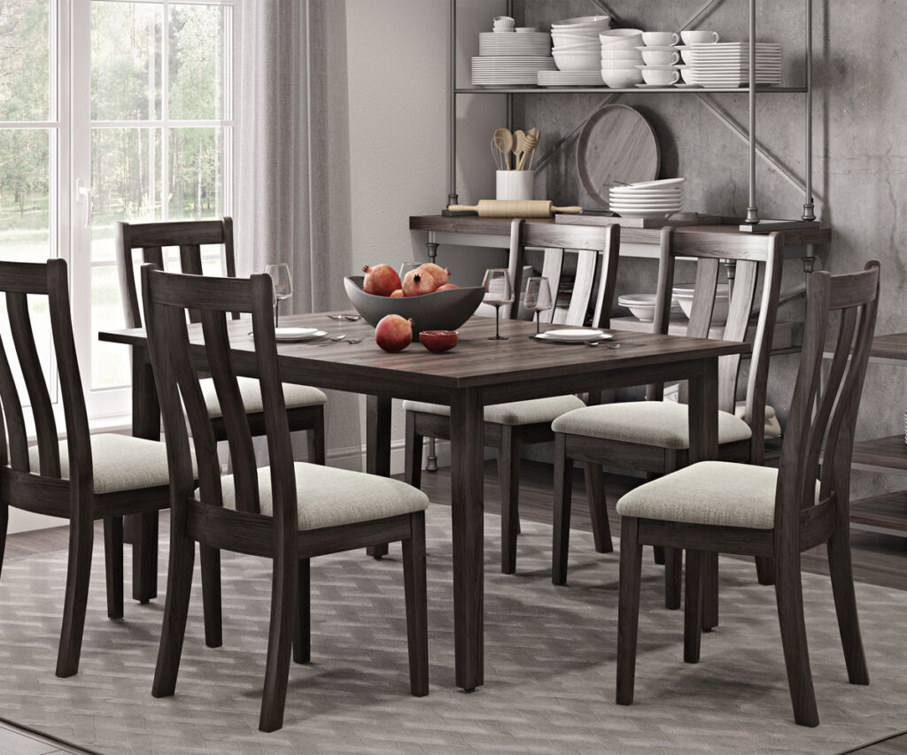 Quick ship dining furniture set with table and six chairs.